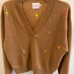 Brodie Cashmere Brown V-Neck Sweater with Colorful Lightning Embroidery